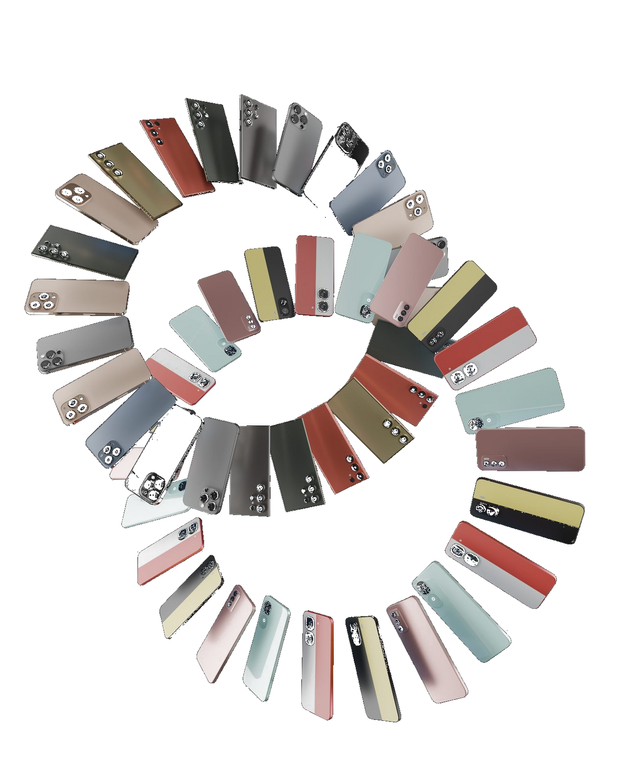 A spiral of look-alike smartphones — the sea of sameness POVA was designed against.