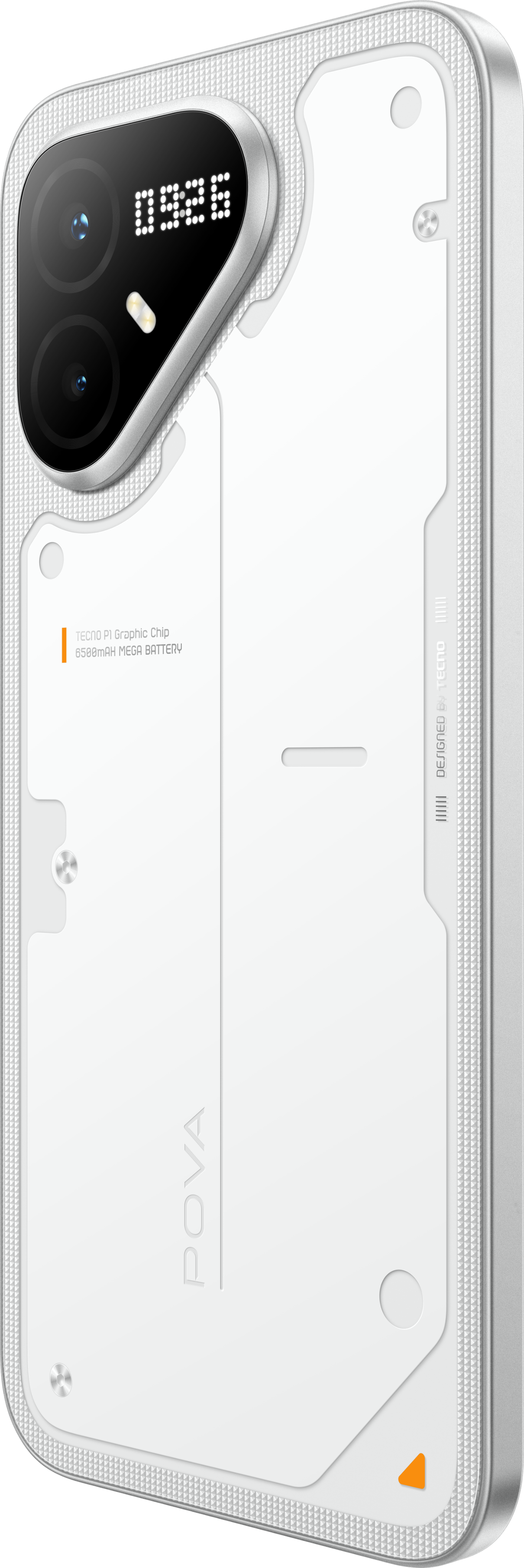 POVA 8 Pro 5G — Arc White. Translucent back, schematic overlay.