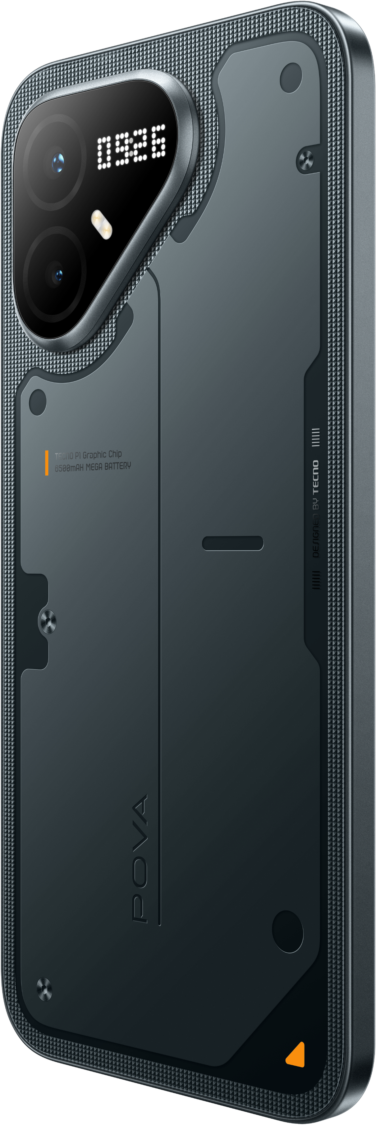 POVA 8 Pro 5G — Graphite Black. Translucent back, schematic overlay.